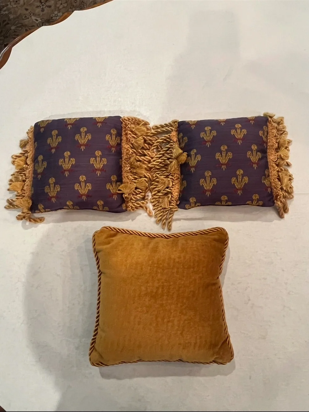 Vintage Gold and Purple brocade Decorative Throw Pillow Set with corded fringe.